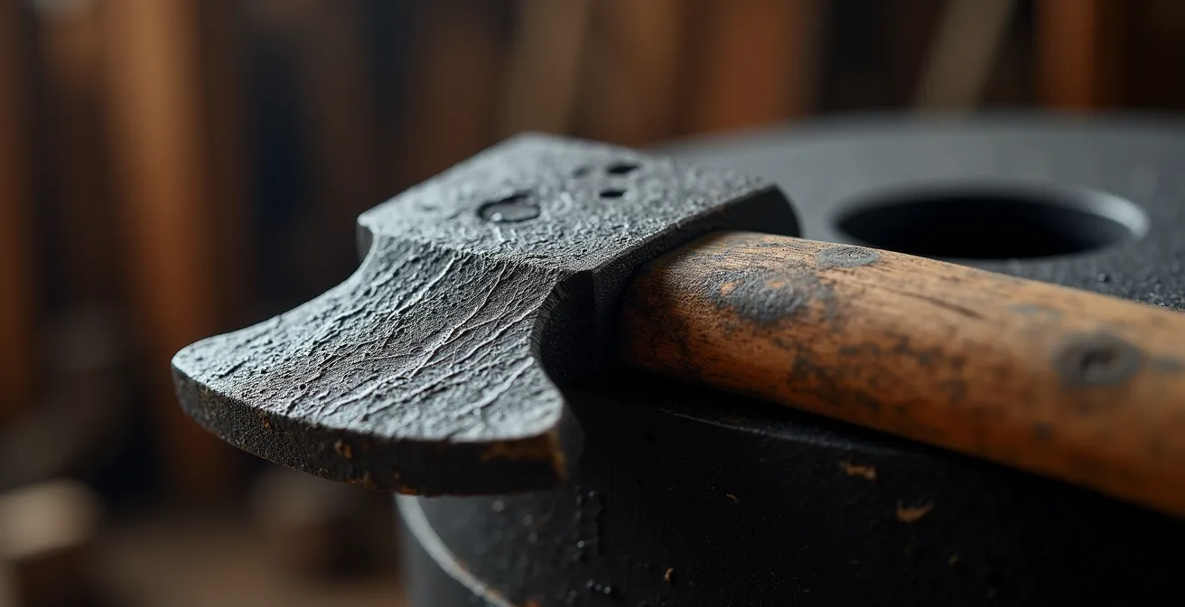 Détail macro de la fonte épaisse d'un poêle européen montrant la qualité du matériau