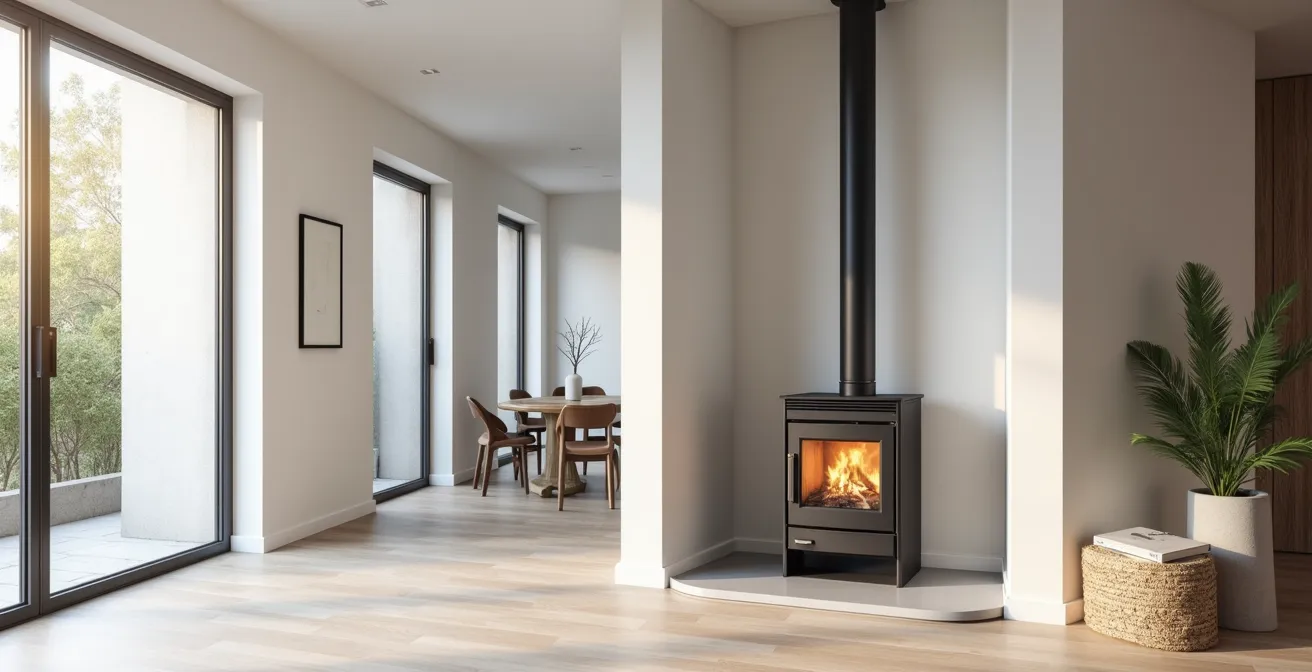 Salon moderne avec poêle européen haut de gamme valorisant l'espace