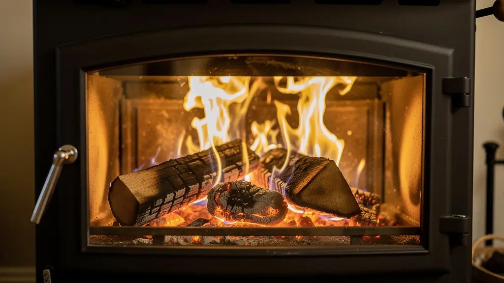 Intérieur foyer poêle à bois double combustion avec flammes vives