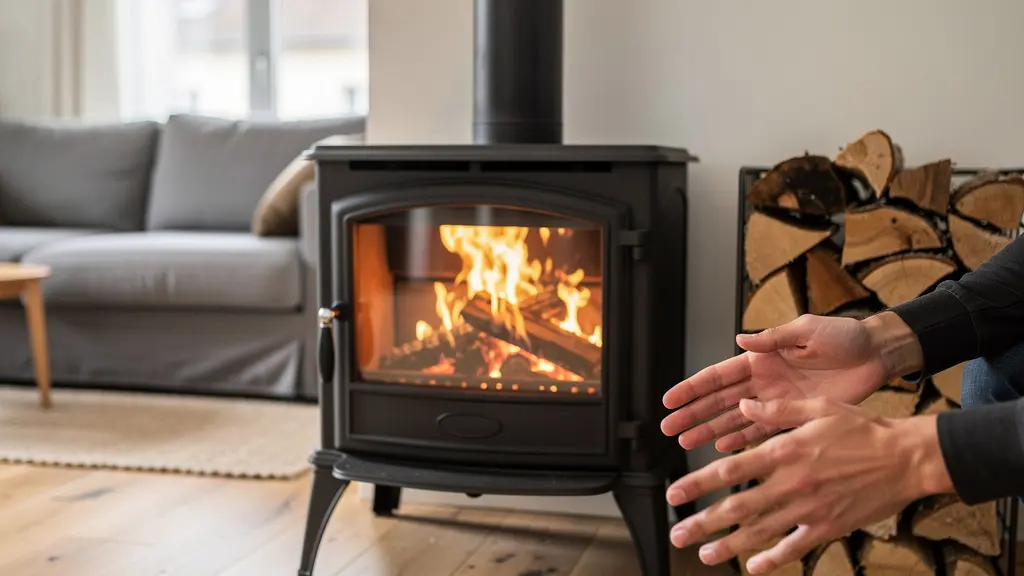 Poêle à bois moderne en fonte avec flammes visibles dans salon lumineux