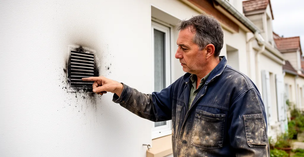 Ramoneur professionnel examinant des traces de suie autour d'une grille de ventilation