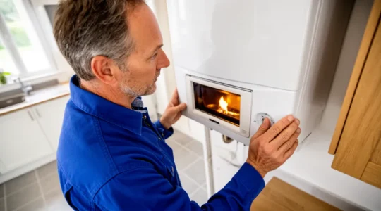 Technicien inspectant la flamme d'une chaudière gaz murale dans une cuisine