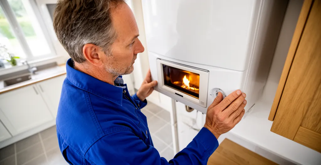 Technicien inspectant la flamme d'une chaudière gaz murale dans une cuisine