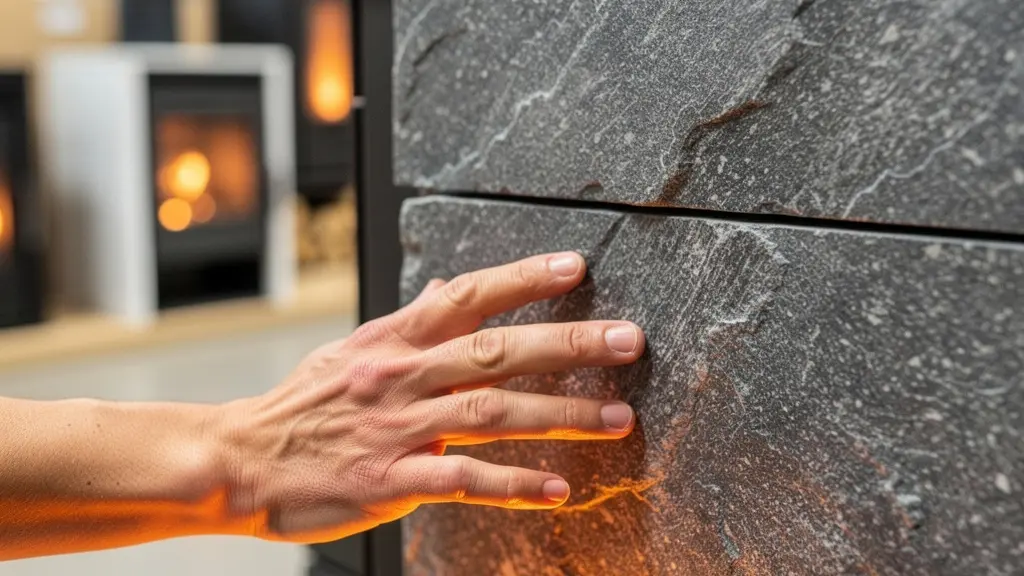 Détail texture pierre ollaire sur habillage poêle à bois moderne