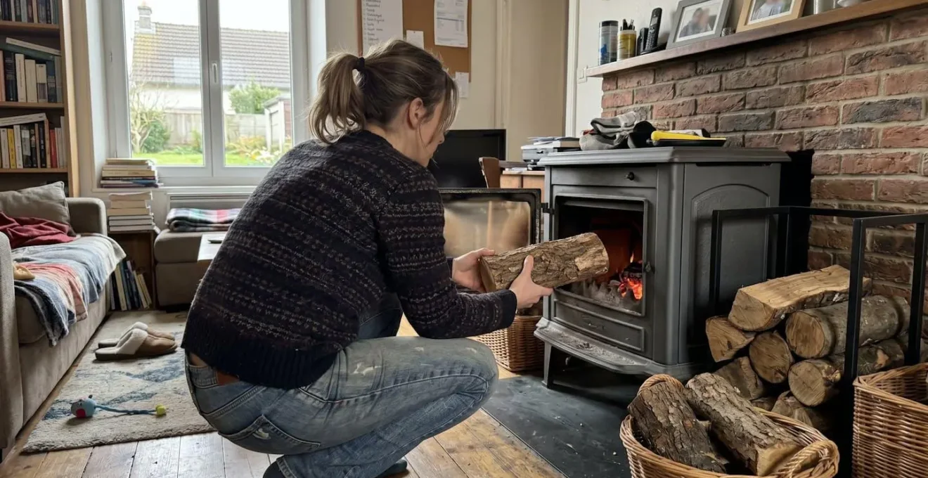 Personne de dos alimentant en bûches un poêle à bois dans un salon contemporain éclairé naturellement