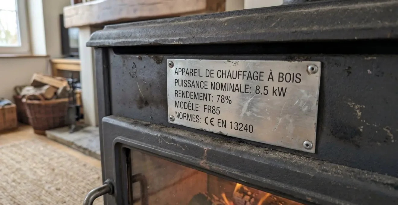 Gros plan sur une plaque technique de poêle indiquant la puissance nominale en kW et le rendement en pourcentage