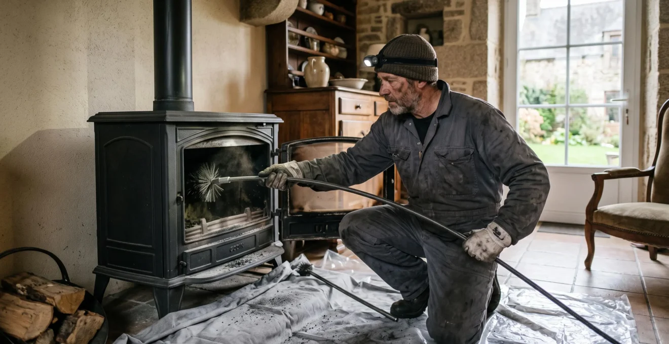 Un ramoneur professionnel brosse le conduit d'un poêle à bois protégé.